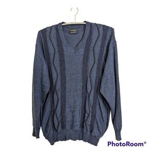 Vintage Merino Wool Mens Sweater XL Euro 58 V Neck Pullover Blue Striped Austria